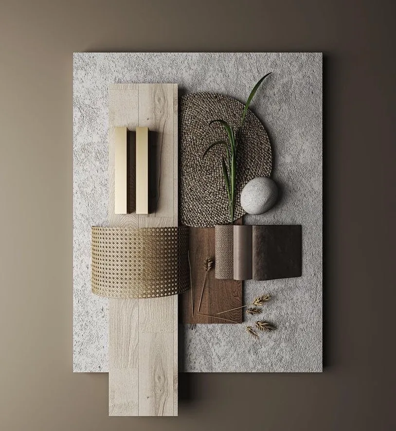 Échantillons de bois clair, cannage et pierre composés en planche de matériaux
